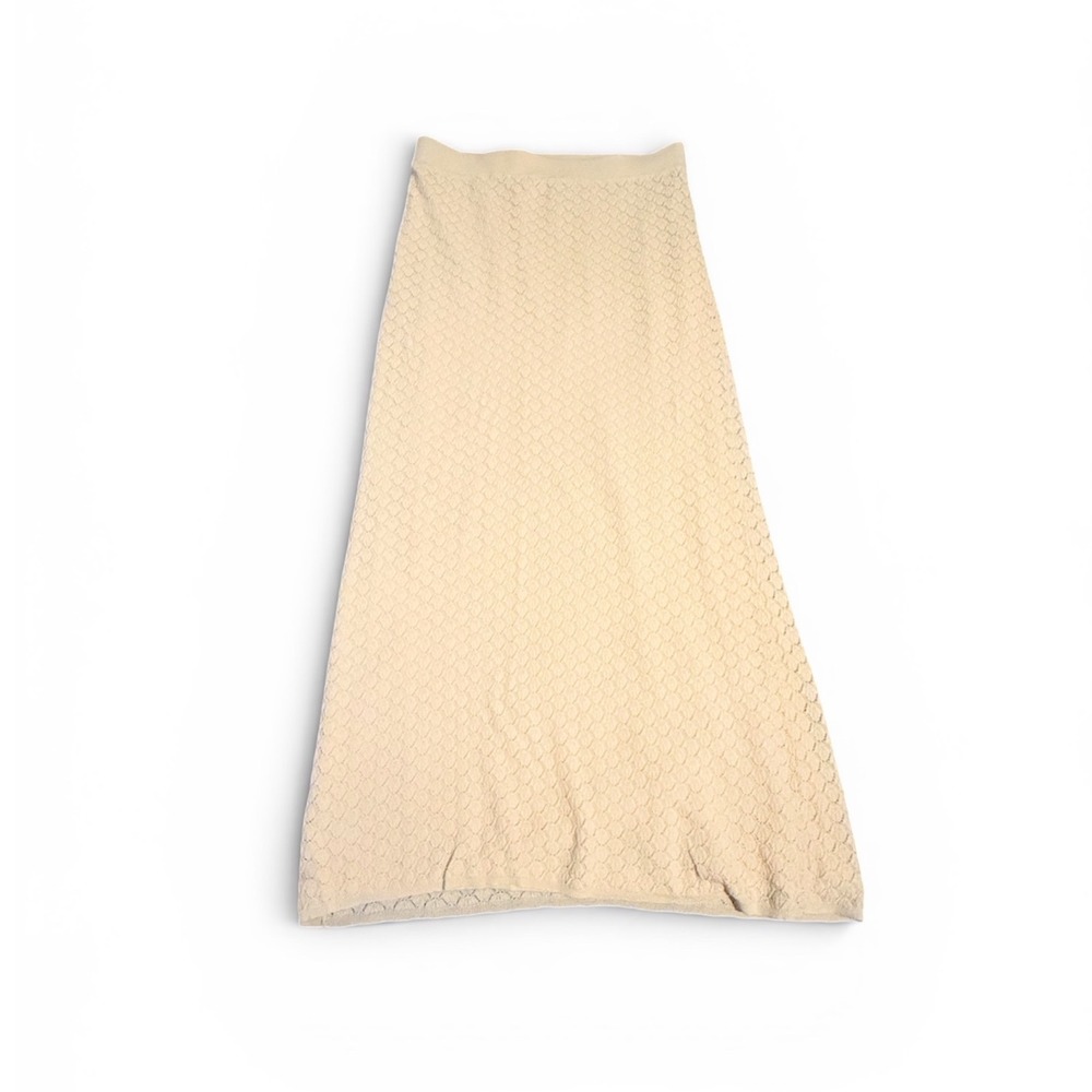 Zara Cream Knit Pointelle Midi Skirt Elastic Waist Scalloped Textured Womens M